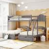 Full Over Twin & Twin Bunk Bed, Velvet Triple Bunk Bed With Drawers And Guardrails-ModernLuxe