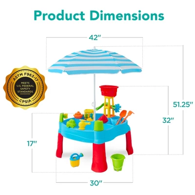 Best Choice Products Kids Sand & Water Outdoor Activity Table, 2-in-1 Play Set W/ 18 Accessories, Adjustable Umbrella - Image 6