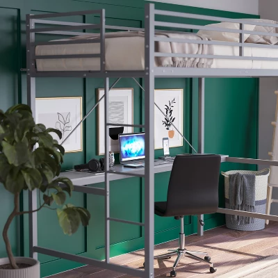 Emma And Oliver Metal Loft Bed Frame With Desk, Protective Guard Rails And Ladder For Kids, Teens And Adults - Image 5