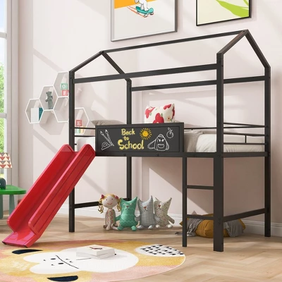 Twin Size Metal House Loft Bed With Slide And Two-Sided Writable Wooden Board-ModernLuxe - Image 7