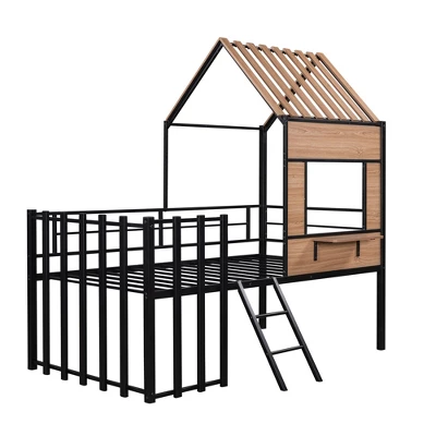 Metal Twin Size Loft Bed With Roof, Windows, Railing And Ladder - ModernLuxe - Image 5