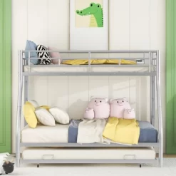 Twin Over Full Steel Bunk Bed With Twin Size Trundle Bed And Two-Side Ladders-ModernLuxe