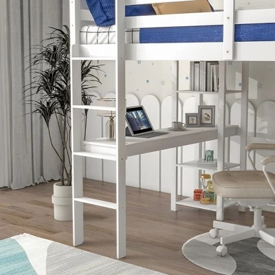 Wooden Loft Bed With Ladder, Desk And Shelves-ModernLuxe - Image 6