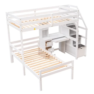 Twin Size Loft Bed With Separate Bed, Staircase For Storage, Desk, Shelves And Drawers - ModernLuxe - Image 4