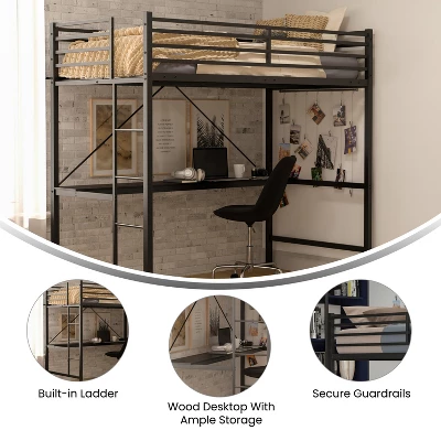 Flash Furniture Jake Metal Loft Bed Frame With Desk, Protective Guard Rails And Ladder For Kids, Teens And Adults - Image 6