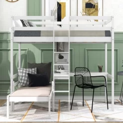 Convertible Loft Bed With L Shaped Desk, Shelf And Ladder, White - ModernLuxe